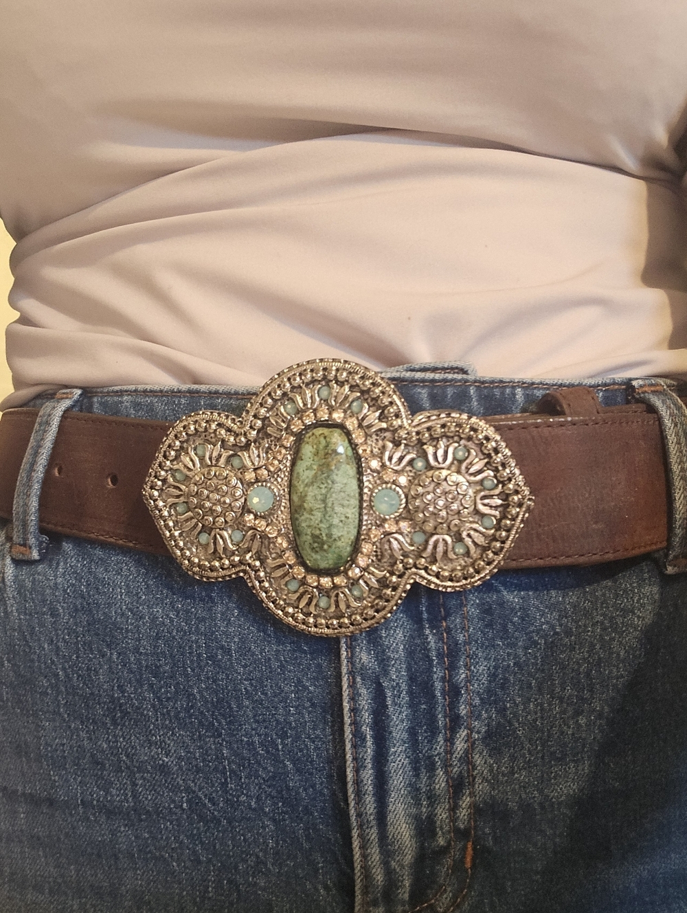 Brown Leather Belt With Silver and Turquoise-Stones Buckle